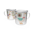 Two white enamel camp-style mugs with silver rims, decorated with a quilted duck pattern, shown on a plain white background.
