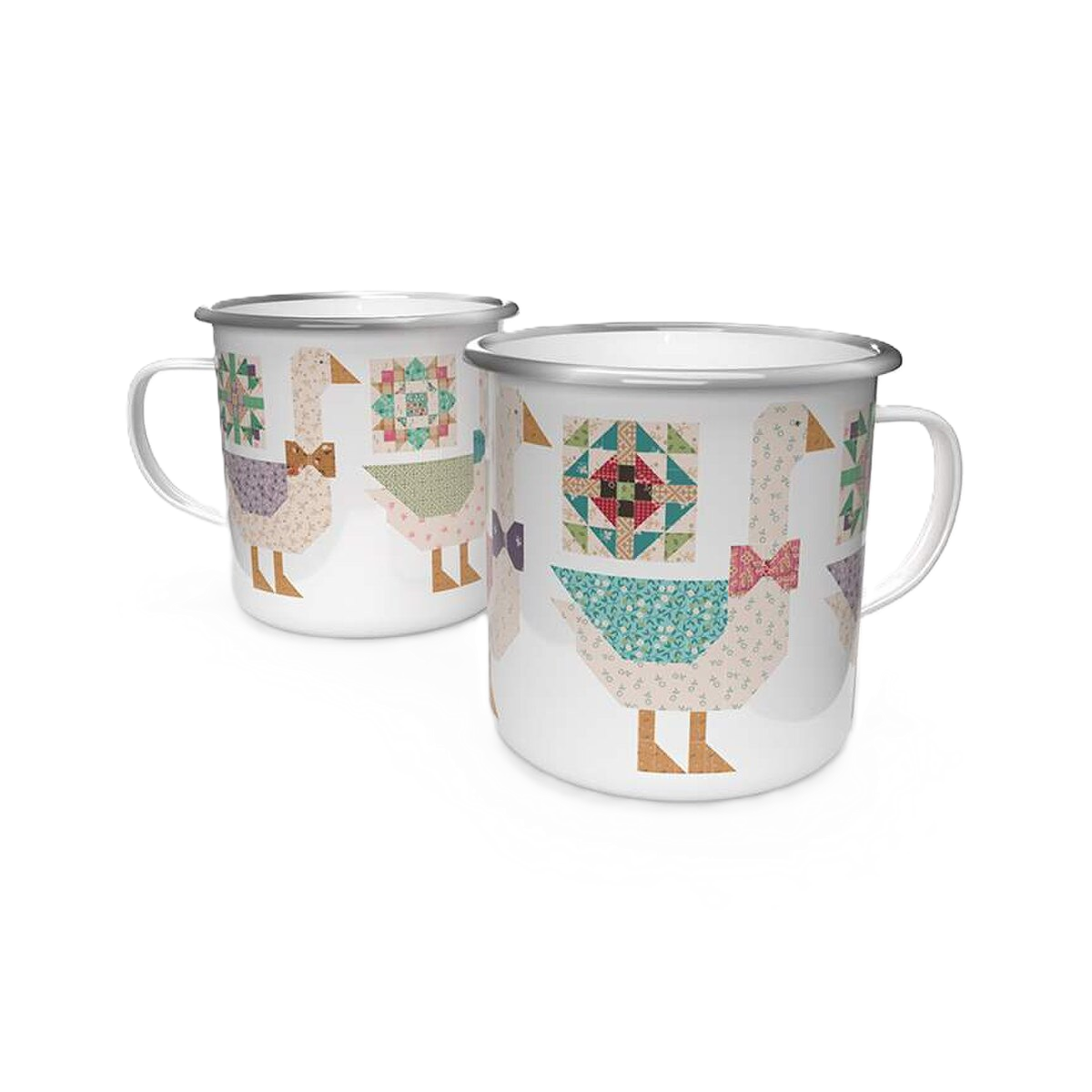 Two white enamel camp-style mugs with silver rims, decorated with a quilted duck pattern, shown on a plain white background.